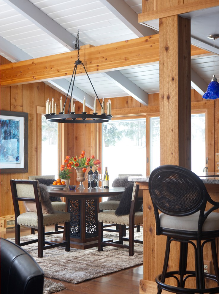 Inspiration for a mid-sized craftsman medium tone wood floor and beige floor great room remodel in New York with brown walls and no fireplace