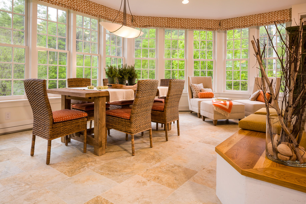 Idée de décoration pour une salle à manger ouverte sur le salon champêtre de taille moyenne avec un mur blanc et un sol en carrelage de porcelaine.
