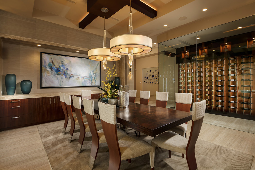 Example of a southwest beige floor dining room design in Las Vegas with beige walls