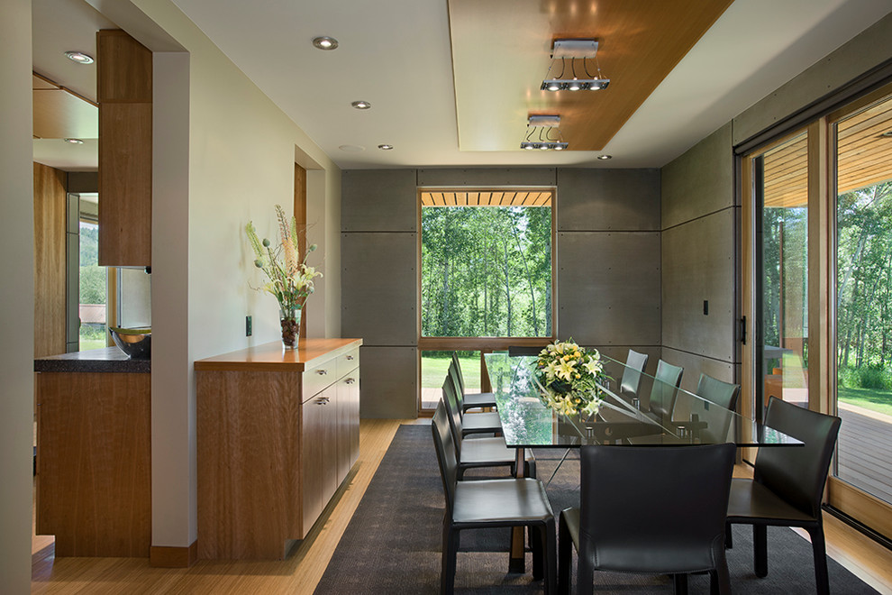 Immagine di una sala da pranzo design chiusa con pareti grigie e pavimento in legno massello medio