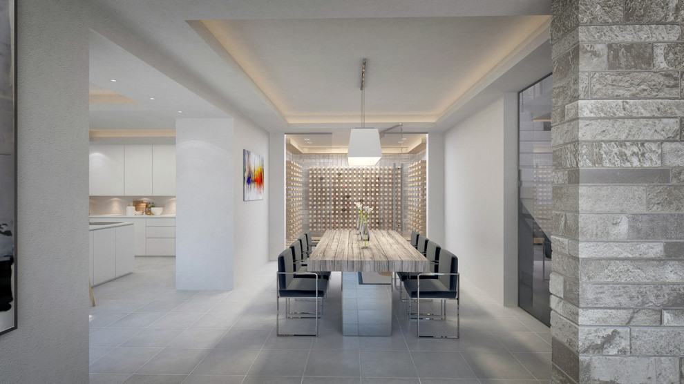 Immagine di una sala da pranzo design con pareti bianche, pavimento con piastrelle in ceramica e nessun camino
