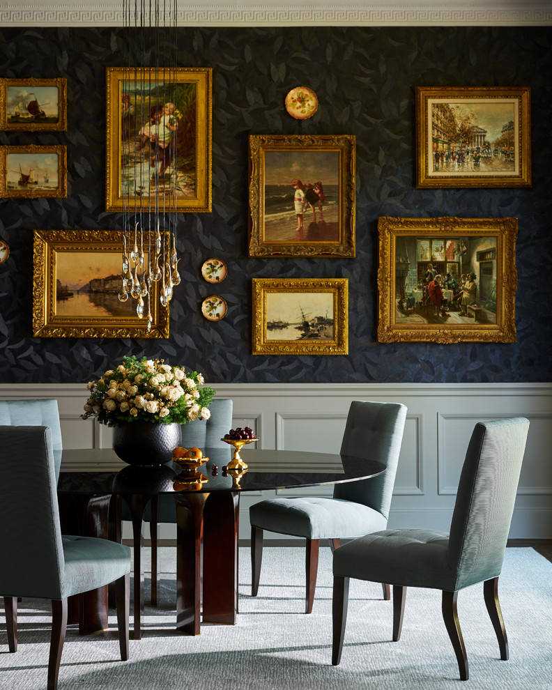 Inspiration for a traditional dining room in Dallas with black walls.