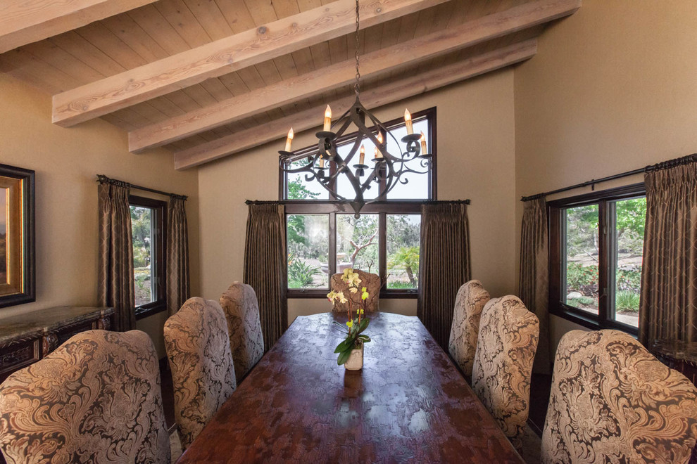 Inspiration for a medium sized classic dining room in San Diego with beige walls and dark hardwood flooring.