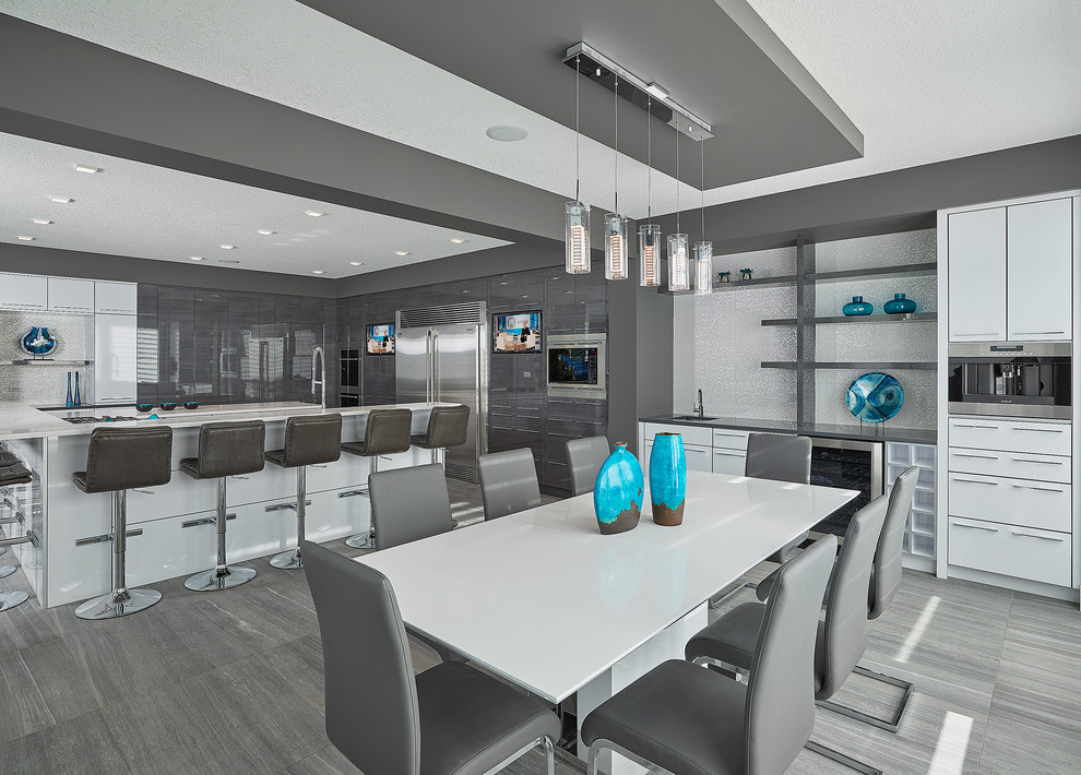 Mittelgroße Moderne Wohnküche mit grauer Wandfarbe, Porzellan-Bodenfliesen und grauem Boden in Edmonton