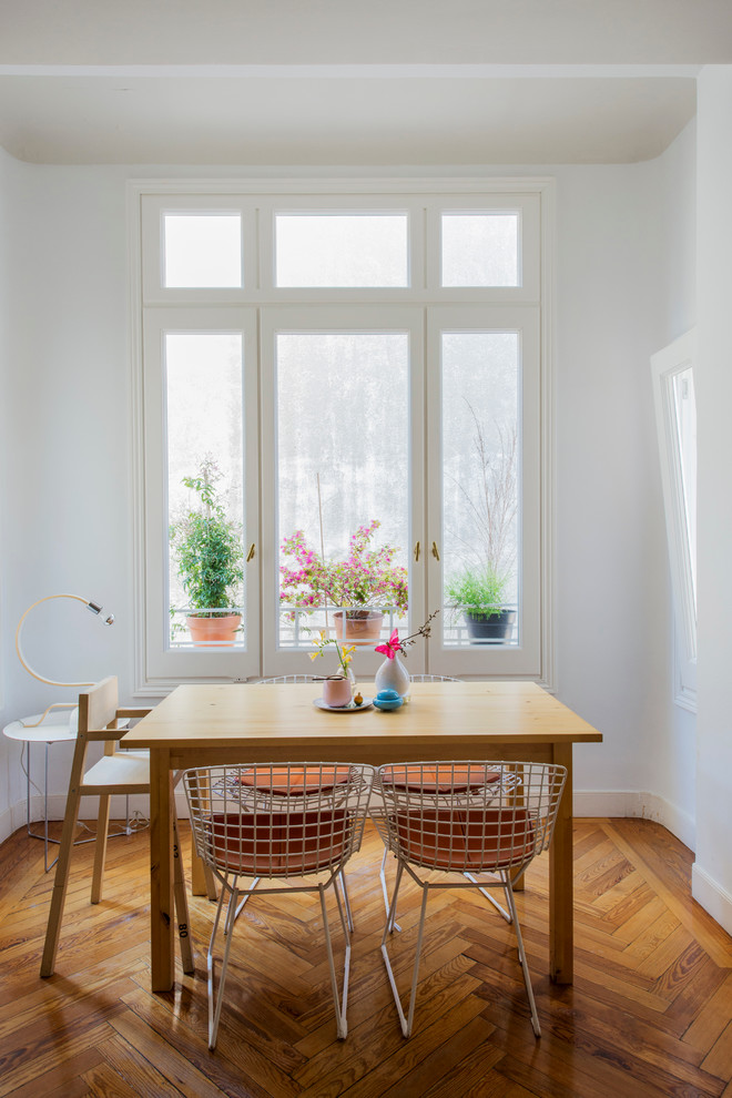 Design ideas for a medium sized modern enclosed dining room in Madrid with white walls, medium hardwood flooring and no fireplace.