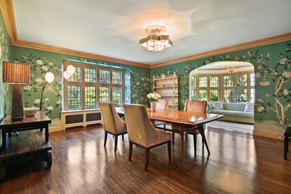 Enclosed dining room - traditional dark wood floor and brown floor enclosed dining room idea in Other with green walls