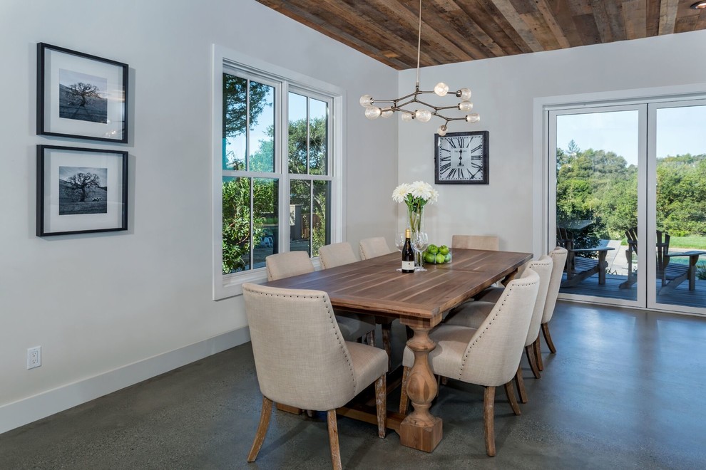 Dining room - transitional concrete floor and gray floor dining room idea in San Francisco with white walls