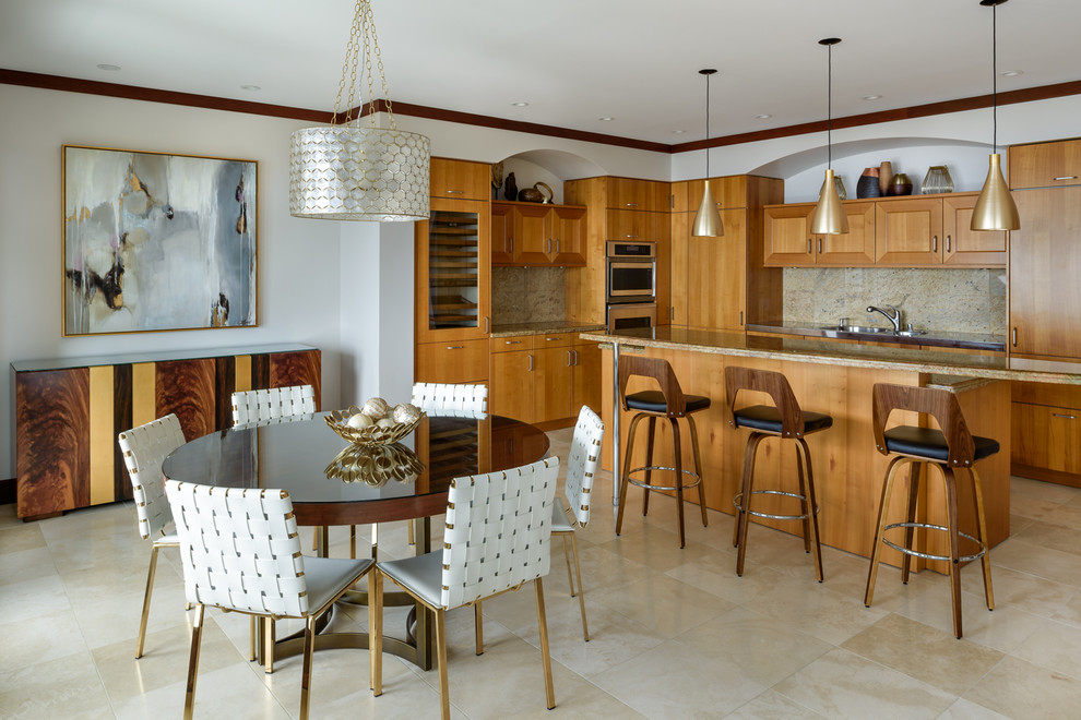 Island style beige floor kitchen/dining room combo photo in Hawaii with white walls