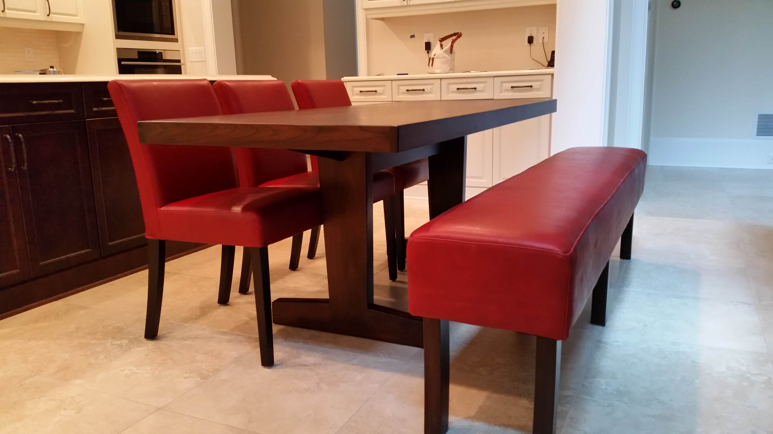 Walnut Table And Red Leather Bench With, Red Leather Bench