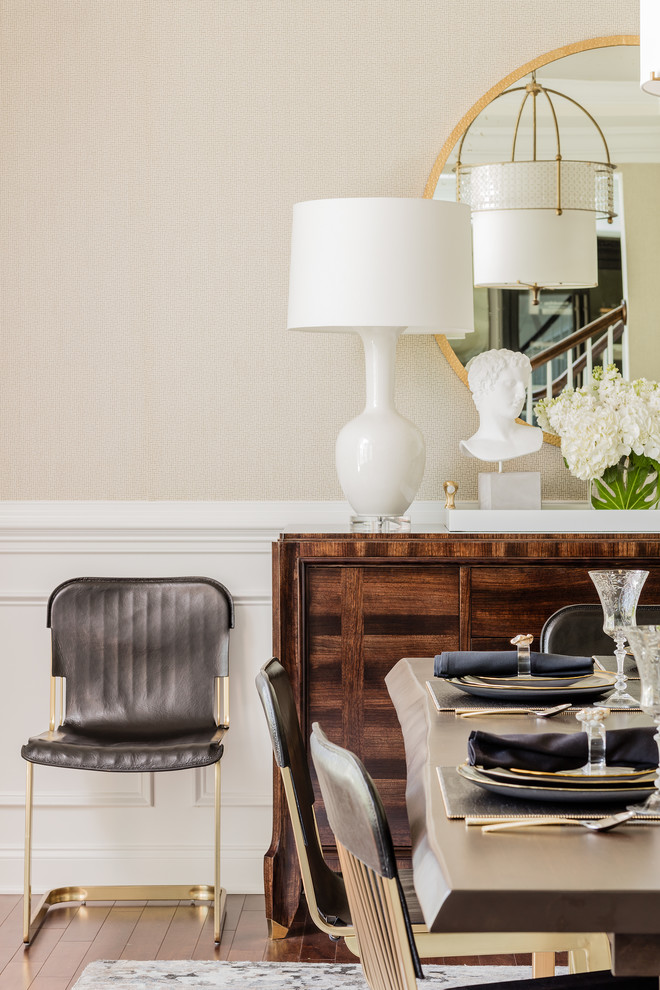 Design ideas for a medium sized classic dining room in Boston with dark hardwood flooring.