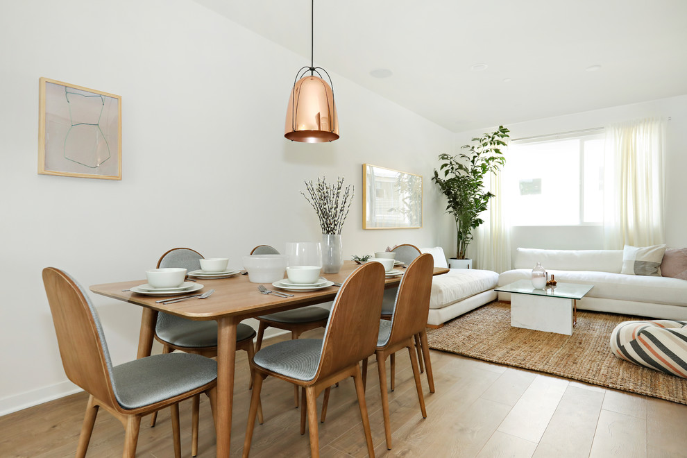 Foto de comedor actual abierto con paredes blancas, suelo de madera en tonos medios y suelo marrón