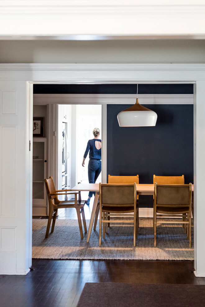 Inspiration for a mid-sized contemporary dark wood floor and black floor enclosed dining room remodel in Sydney with blue walls and no fireplace