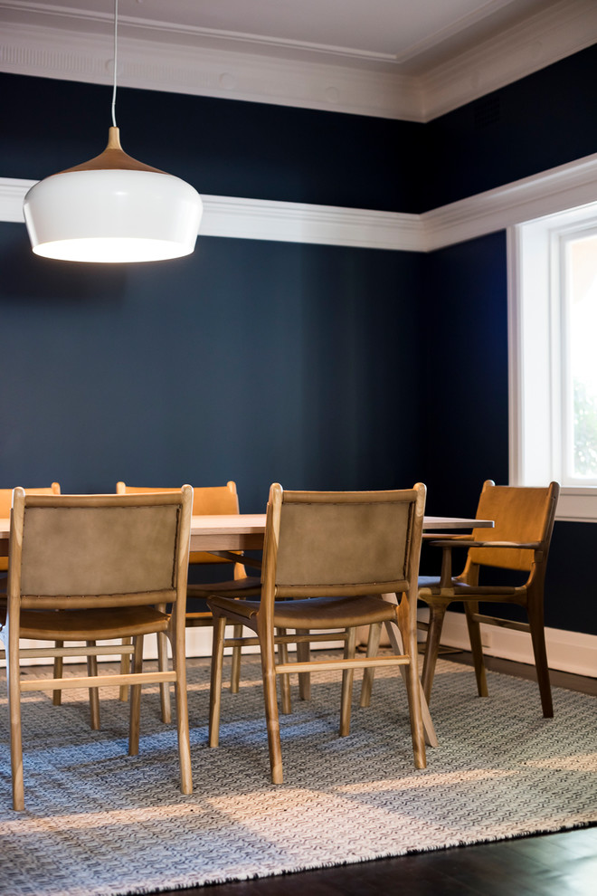 Foto på en mellanstor funkis separat matplats, med blå väggar, mörkt trägolv och svart golv