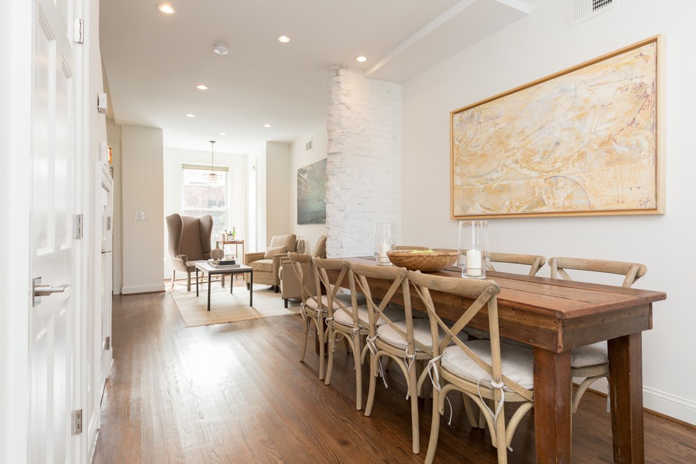 Small farmhouse open plan dining room in Dallas with white walls and medium hardwood flooring.