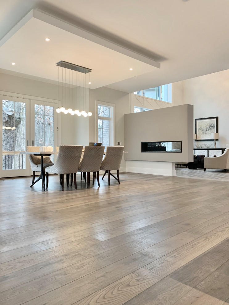 Inspiration for a large contemporary medium tone wood floor and brown floor dining room remodel in Chicago with white walls, a two-sided fireplace and a plaster fireplace