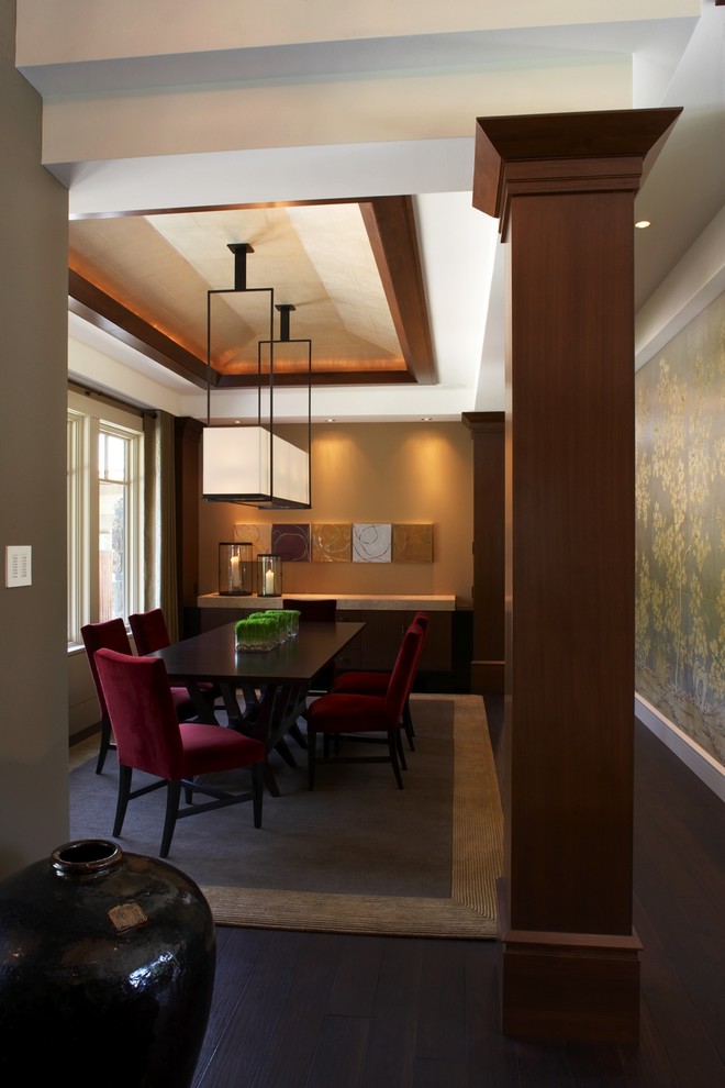 This is an example of a large world-inspired enclosed dining room in Minneapolis with beige walls, dark hardwood flooring, no fireplace and brown floors.