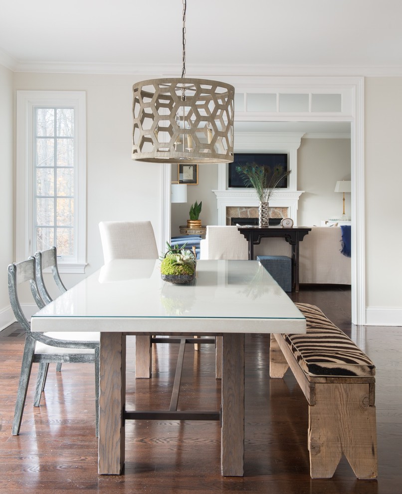 Inspiration for a large transitional medium tone wood floor and brown floor kitchen/dining room combo remodel in New York with white walls and no fireplace