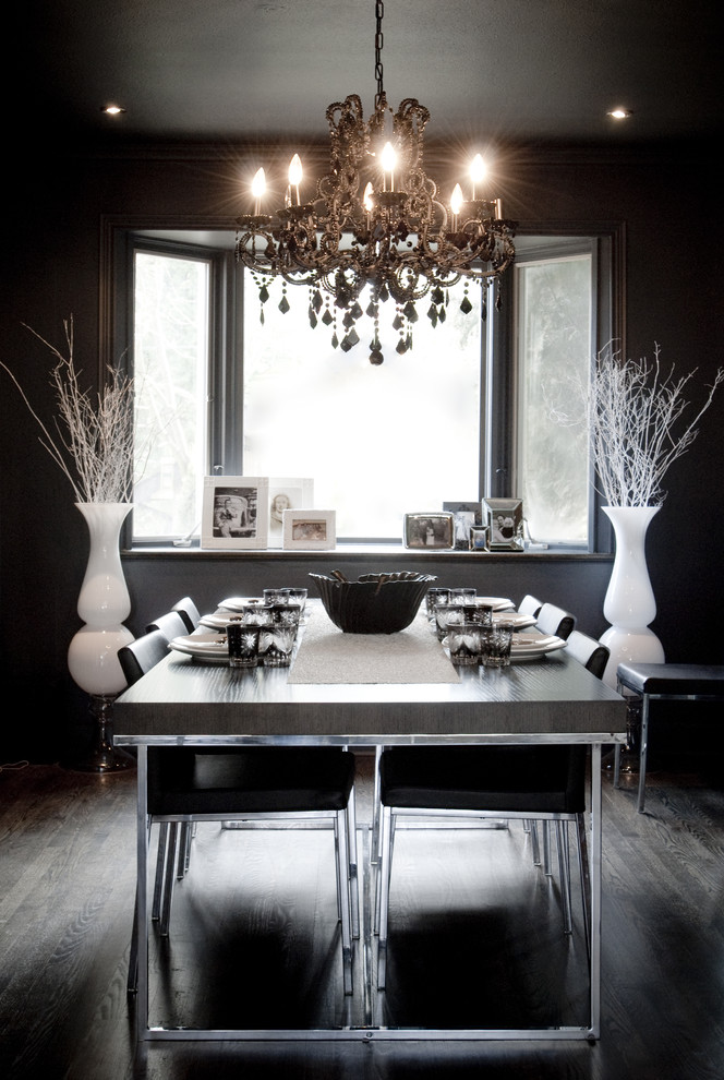 Inspiration for a bohemian dining room in Vancouver with dark hardwood flooring.