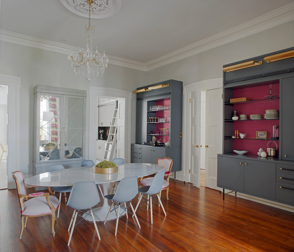 Great room - mid-sized contemporary medium tone wood floor great room idea in Atlanta with gray walls