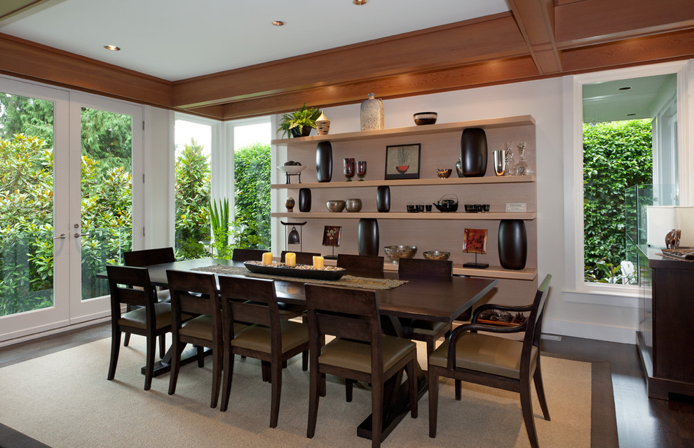 This is an example of a contemporary dining room in Vancouver with white walls and dark hardwood flooring.