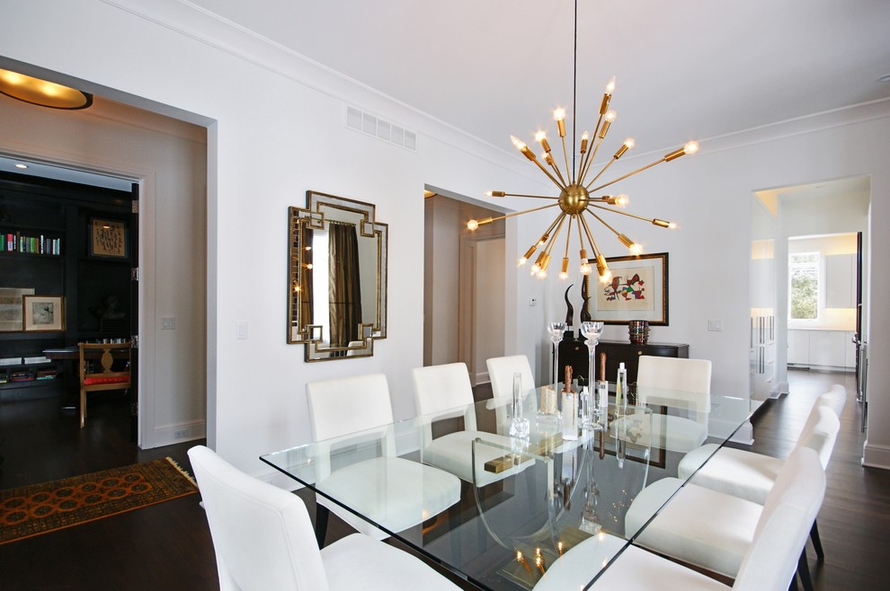 Photo of a contemporary dining room in Detroit with white walls and dark hardwood flooring.