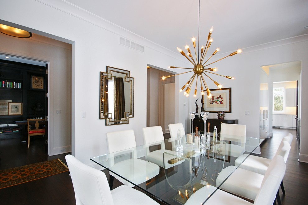 Dining room - contemporary dark wood floor dining room idea in Detroit with white walls