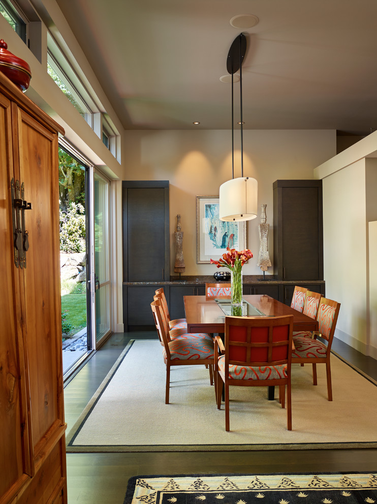 Inspiration for a mid-sized contemporary dark wood floor and brown floor kitchen/dining room combo remodel in Seattle with white walls and no fireplace