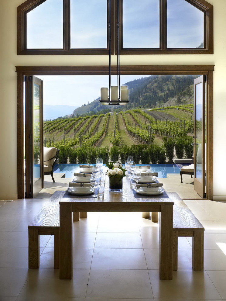 Inspiration for a rustic dining room remodel in Vancouver with white walls