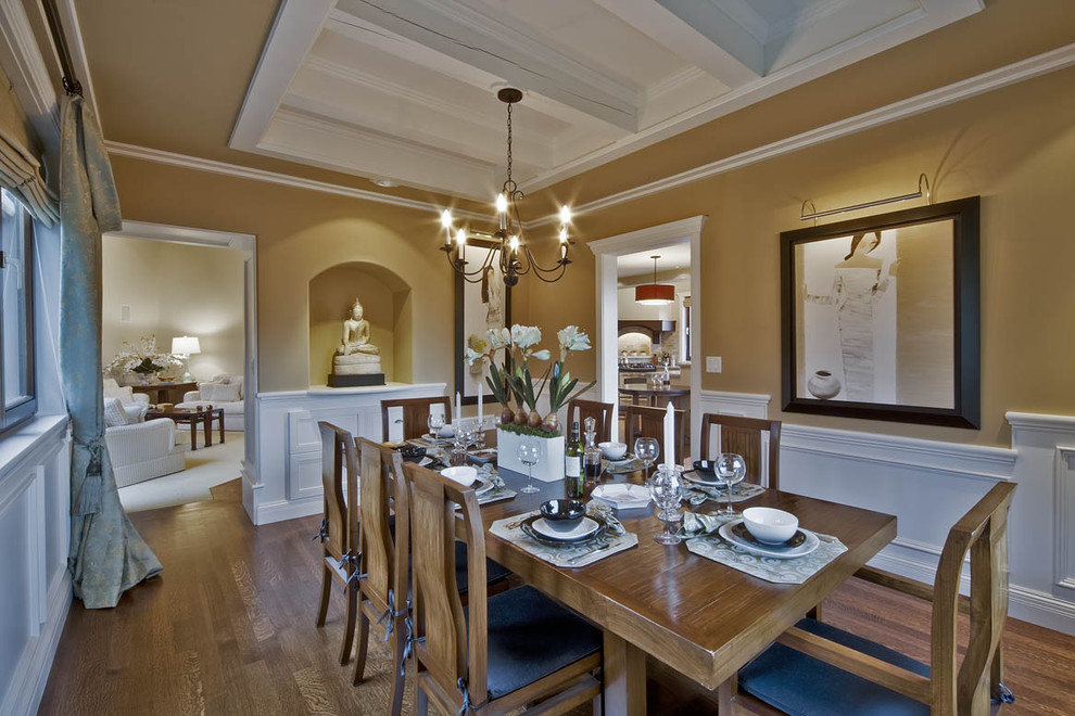 Design ideas for a classic dining room in Vancouver with brown walls and dark hardwood flooring.