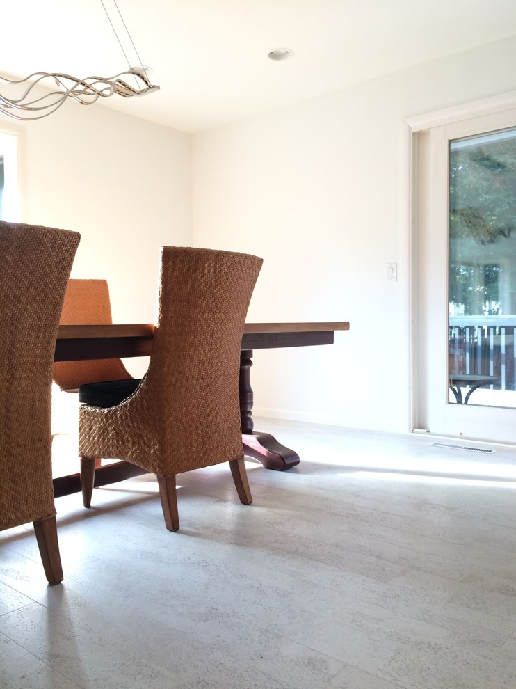 Mid-sized trendy cork floor enclosed dining room photo in Other with white walls and no fireplace