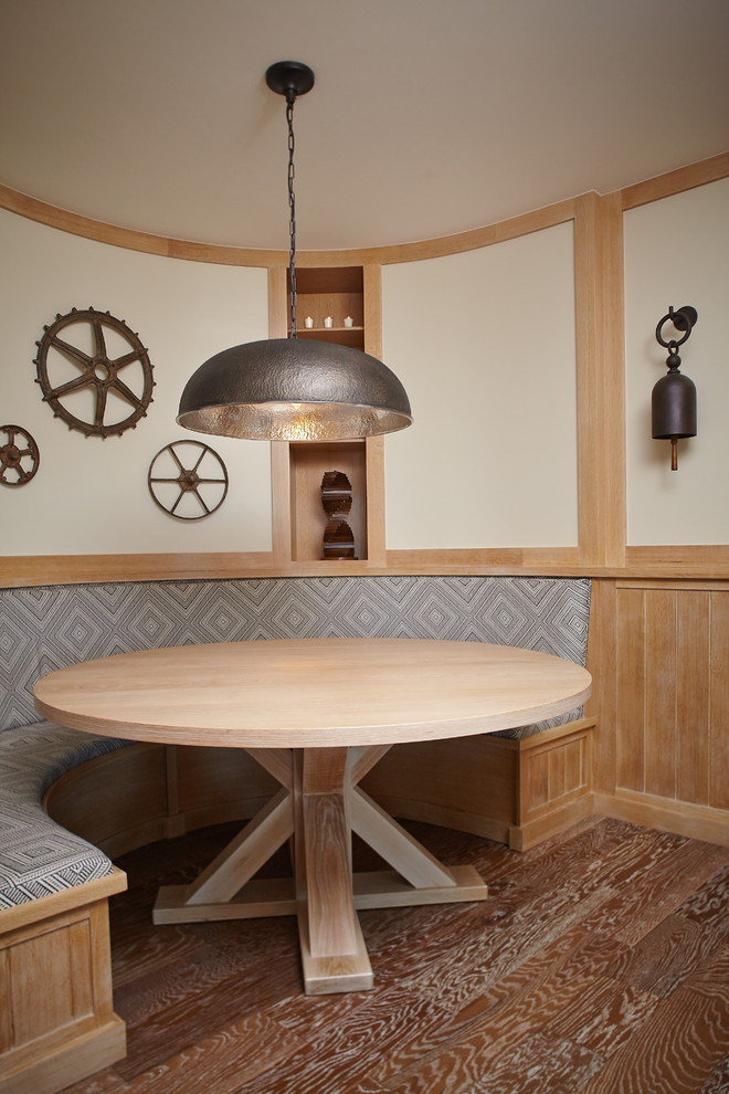 Beach style dark wood floor dining room photo in Grand Rapids with white walls