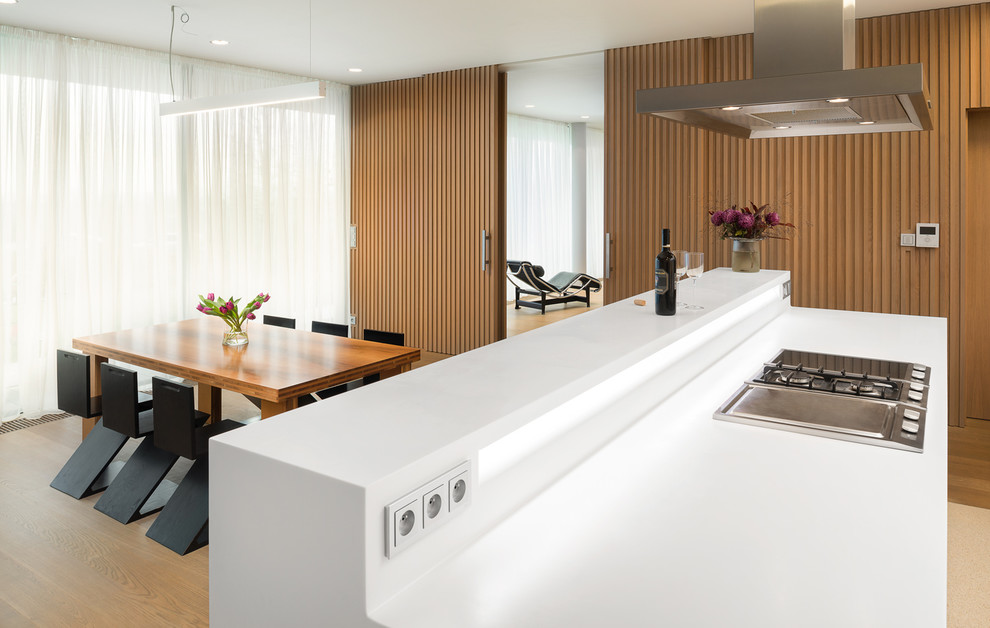 Imagen de comedor de cocina minimalista grande sin chimenea con paredes blancas y suelo de madera en tonos medios