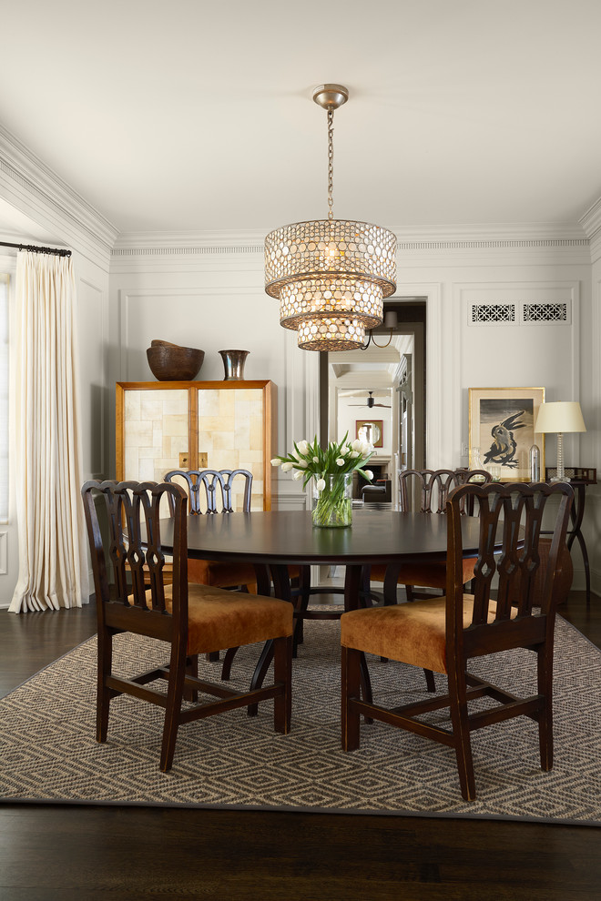 Design ideas for a traditional dining room in Minneapolis with white walls and dark hardwood flooring.