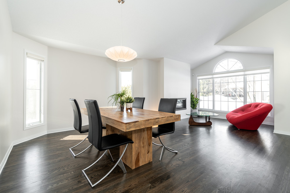 Inspiration for a mid-sized contemporary brown floor and dark wood floor kitchen/dining room combo remodel in Ottawa with white walls and a standard fireplace