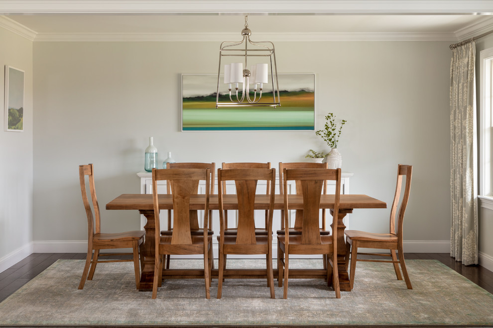Transitional dark wood floor and brown floor dining room photo in New York with gray walls