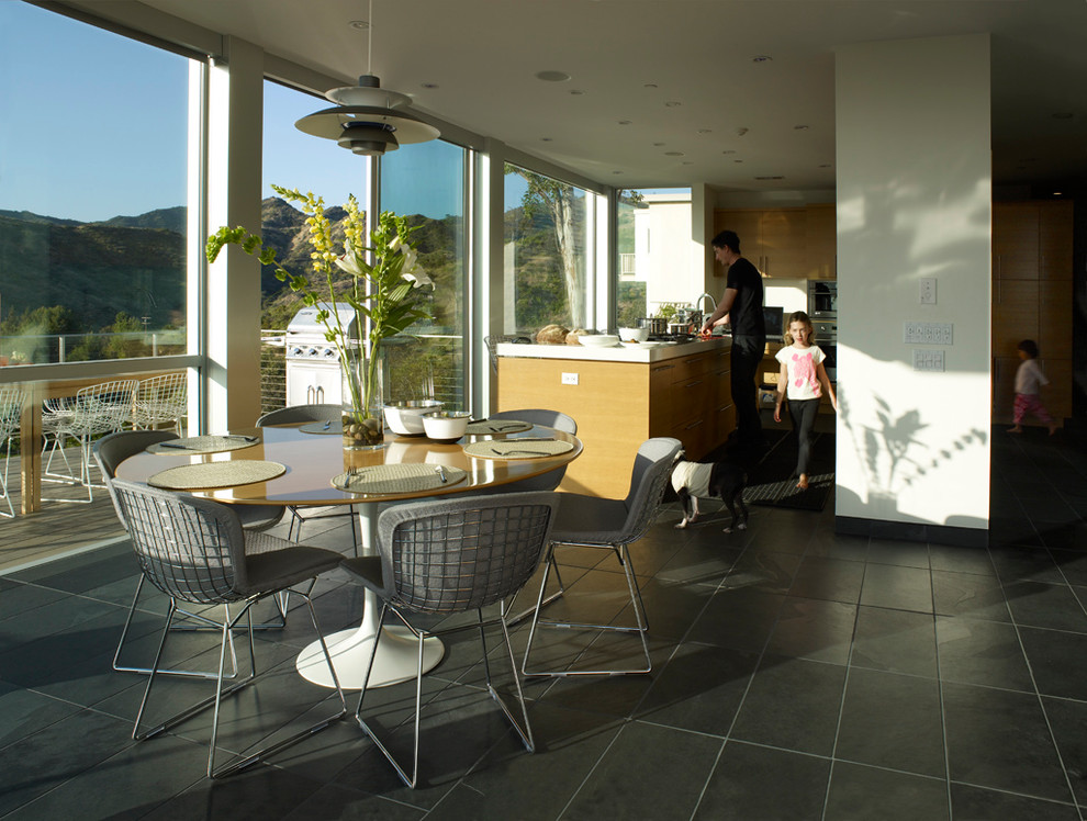 Aménagement d'une salle à manger moderne avec un mur blanc.