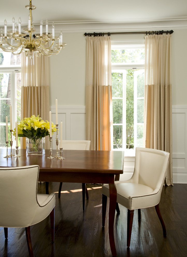 Diseño de comedor clásico con paredes beige, suelo de madera oscura y cortinas