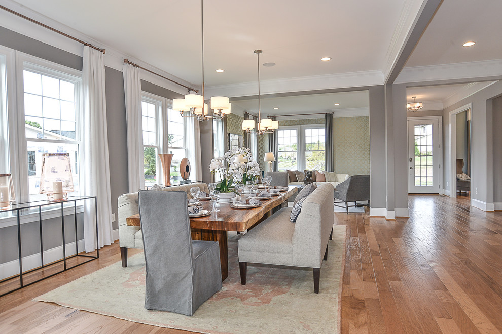 Inspiration for a medium sized traditional open plan dining room in DC Metro with multi-coloured walls, medium hardwood flooring and a standard fireplace.