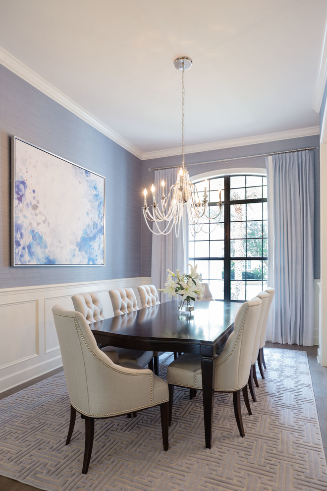 Design ideas for a medium sized classic enclosed dining room in Orlando with grey floors, grey walls, dark hardwood flooring and no fireplace.