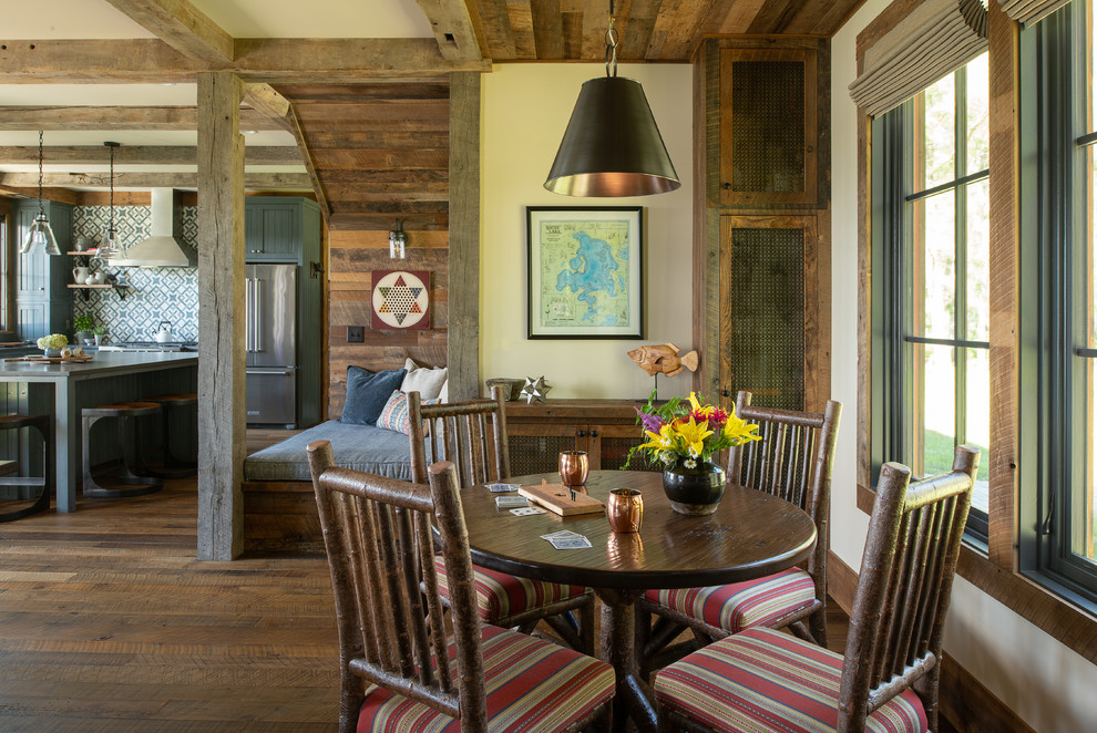 Ispirazione per una sala da pranzo stile rurale con pareti beige, parquet scuro e pavimento marrone
