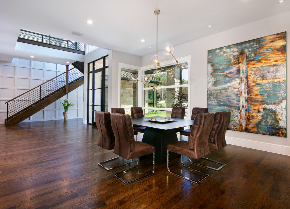 Photo of a contemporary dining room in Dallas with grey walls, dark hardwood flooring and brown floors.