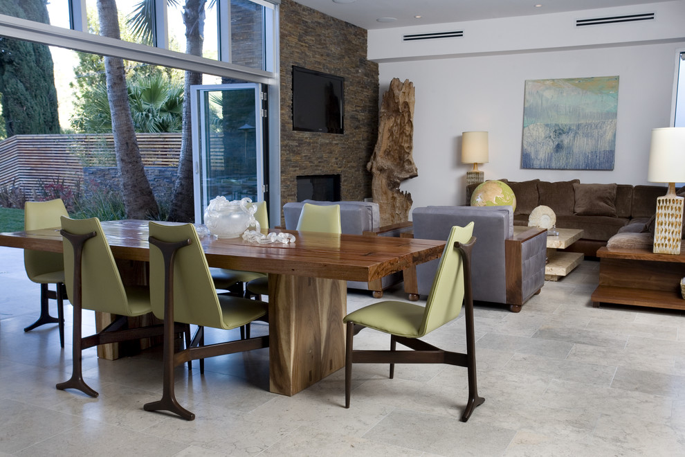 Ispirazione per una sala da pranzo minimalista di medie dimensioni con pavimento in pietra calcarea, camino classico e cornice del camino in pietra