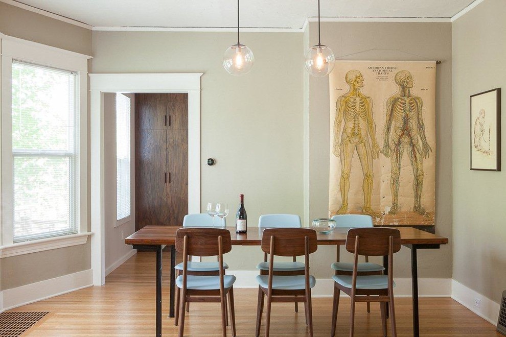 Inspiration for a small 1950s light wood floor kitchen/dining room combo remodel in Portland with gray walls
