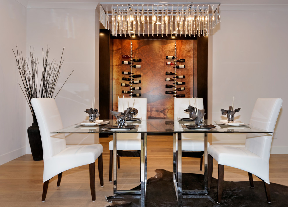 Inspiration for a modern dining room in San Francisco with beige walls and beige floors.