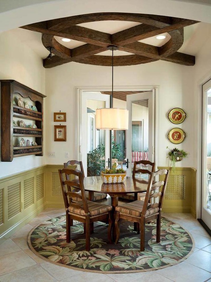 This is an example of a large classic enclosed dining room in Other with white walls, ceramic flooring and beige floors.