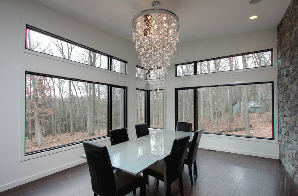 Example of a large minimalist dark wood floor enclosed dining room design in Philadelphia with white walls and no fireplace