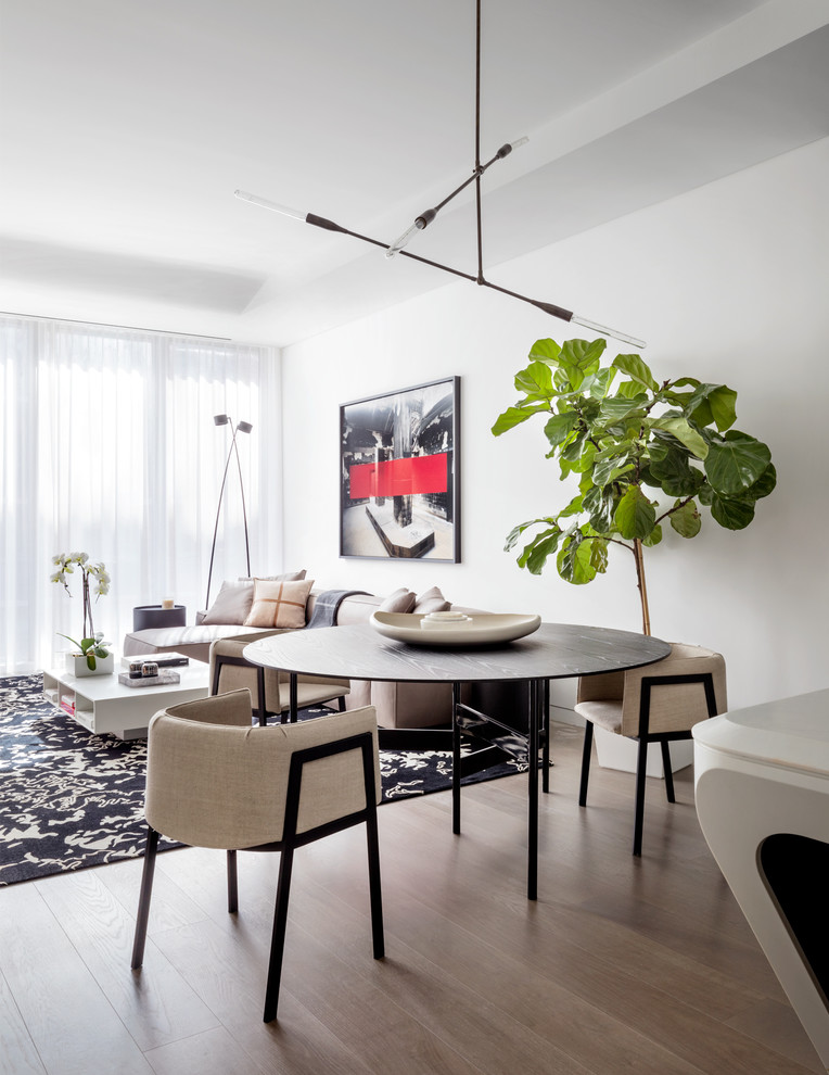 Idée de décoration pour une salle à manger design avec un mur blanc, un sol en bois brun, un sol marron et éclairage.