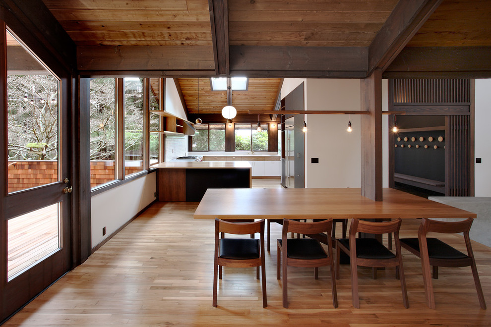 Inspiration for a 1960s medium tone wood floor and brown floor kitchen/dining room combo remodel in Seattle with white walls and no fireplace