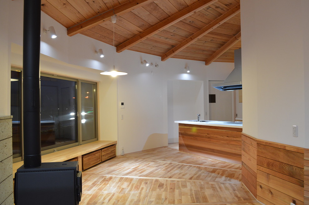 Immagine di una piccola sala da pranzo etnica con pareti bianche, pavimento in legno massello medio, stufa a legna e cornice del camino in pietra