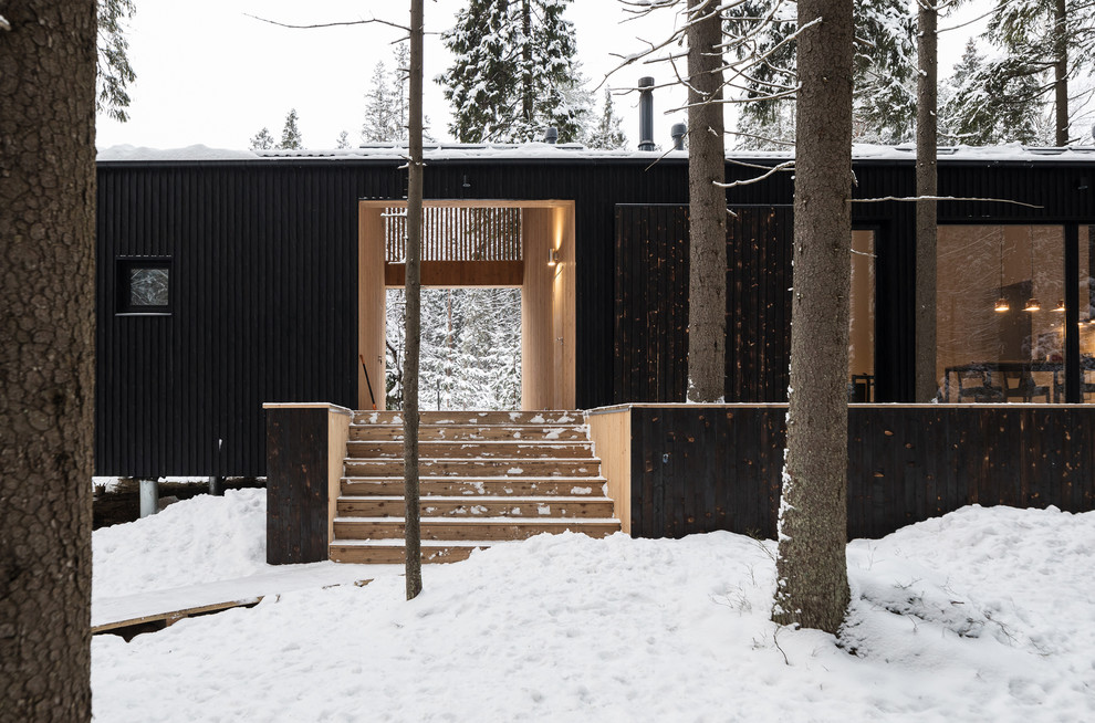 Medium sized and black modern bungalow detached house in Saint Petersburg with wood cladding, a lean-to roof and a metal roof.